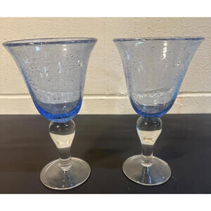 Set of 2 Hand Blown Artland Iris Bubble Glass Goblets /Wine Glasses Icy Blue